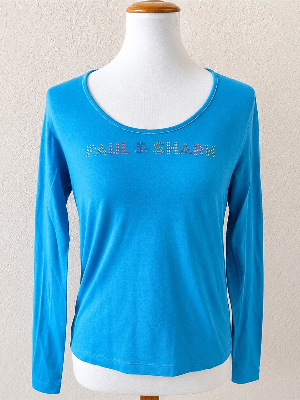 Paul & Shark Women’s Yachting Blue Rhinestone Logo Long Sleeve Y2K Top Size L